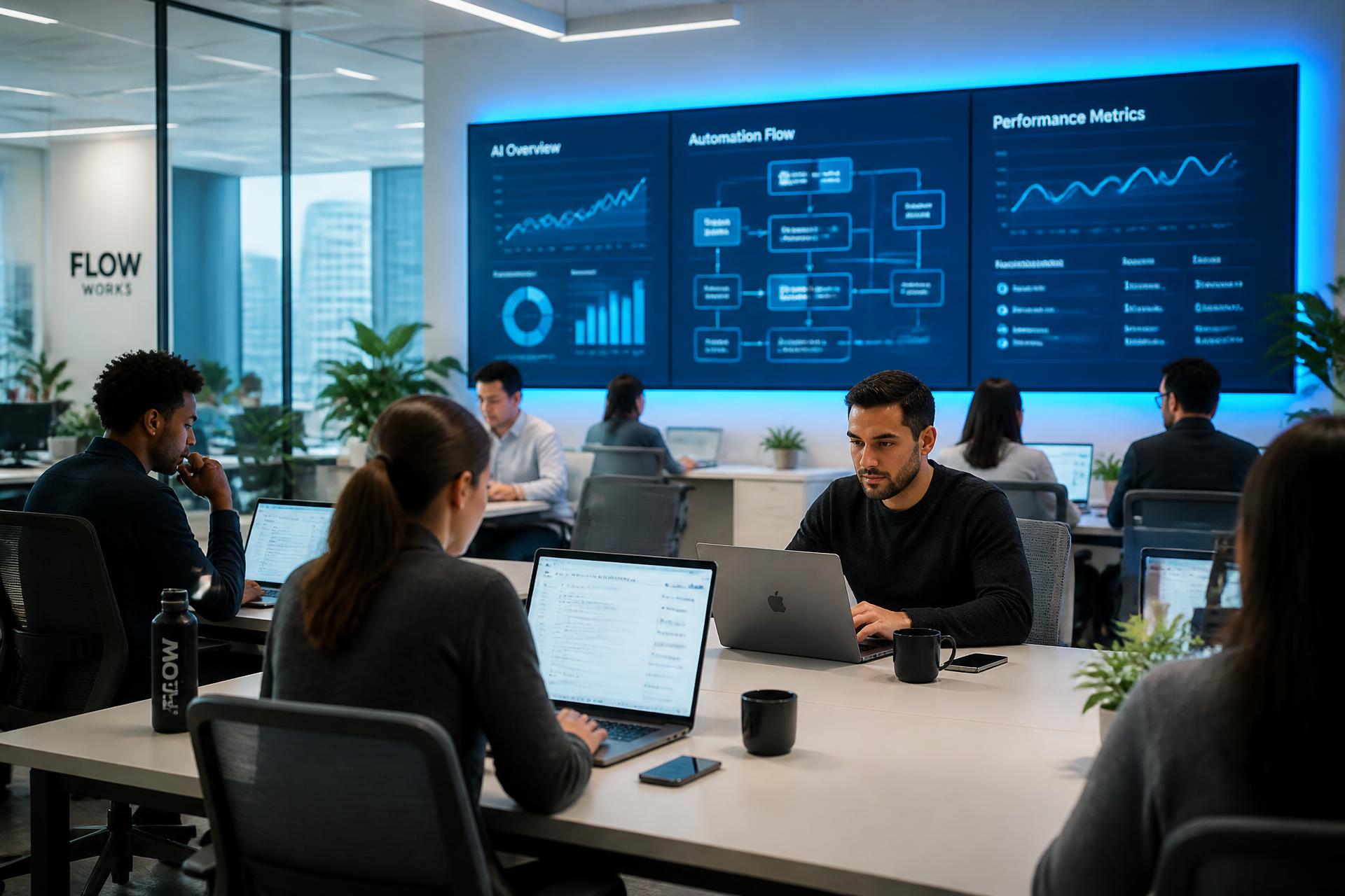 Equipo empresarial trabajando con dashboards de inteligencia artificial y automatización en un espacio de coworking