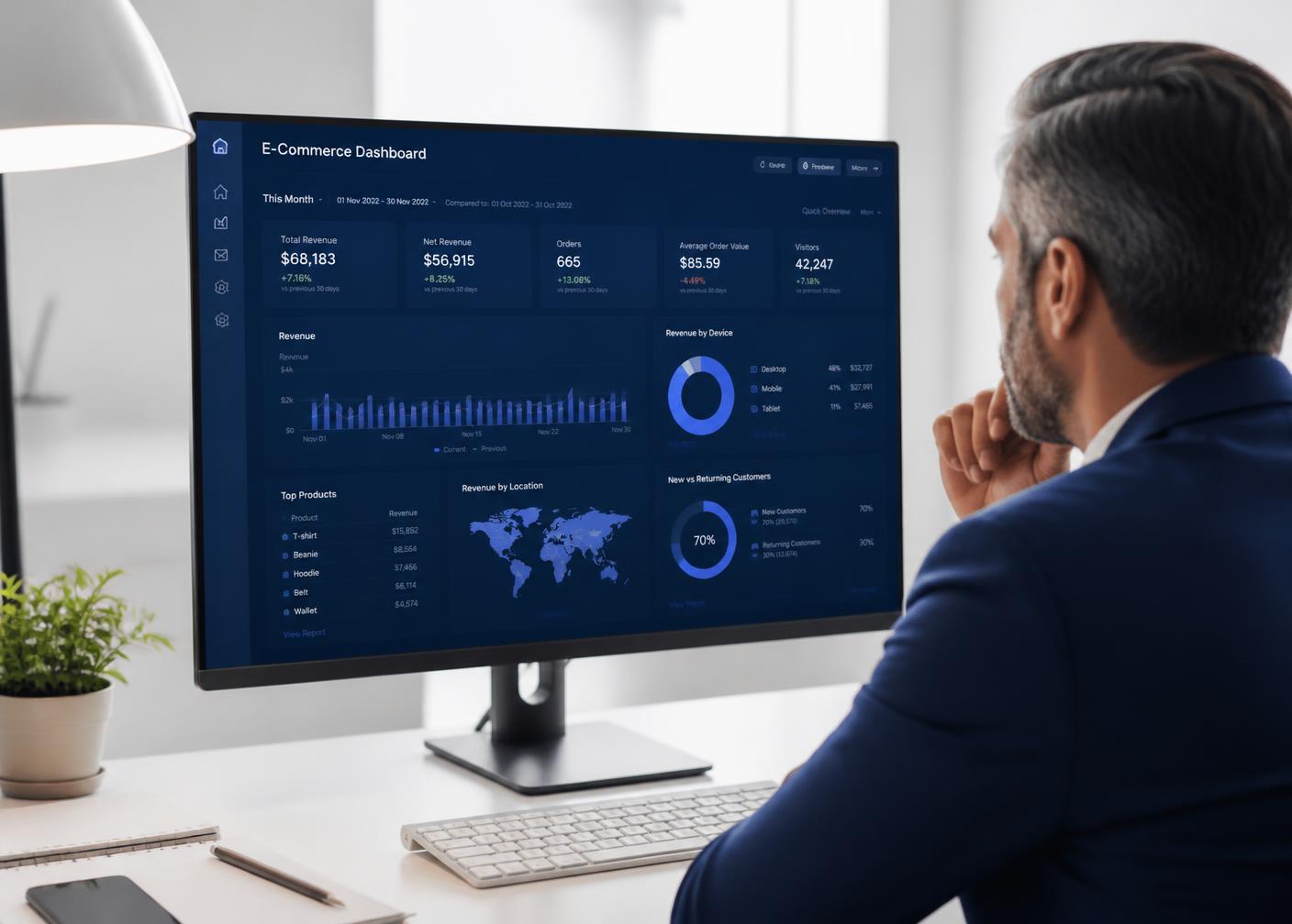 Directivo analizando un dashboard de business intelligence con métricas de comercio electrónico